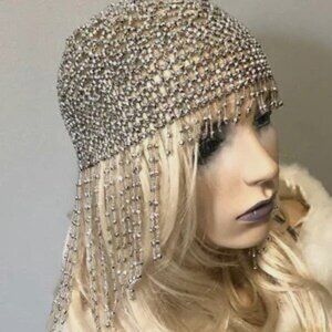 Silver bead head piece hat flapper